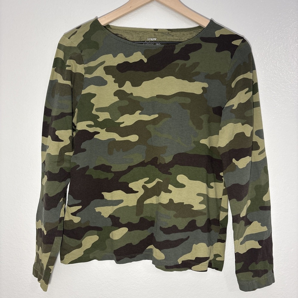 J.Crew Women's Camo Camouflage 100% Cotton Long Sleeve Shirt Top Artist Tee Sz L